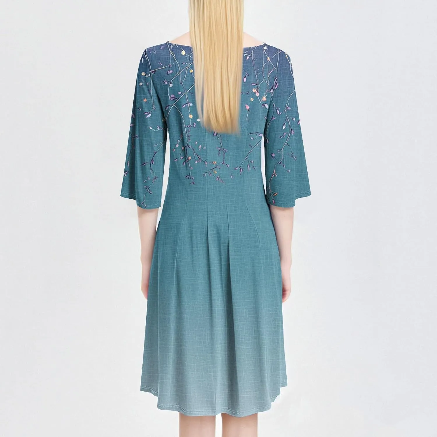 Boho Summer Dresses for Women 3/4 Sleeve Crewneck Floral Midi Dress Cute Spring Dresses A Line Wedding Guest Dress