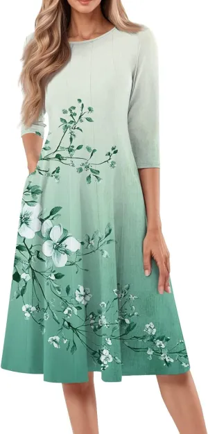 Boho Summer Dresses for Women 3/4 Sleeve Crewneck Floral Midi Dress Cute Spring Dresses A Line Wedding Guest Dress