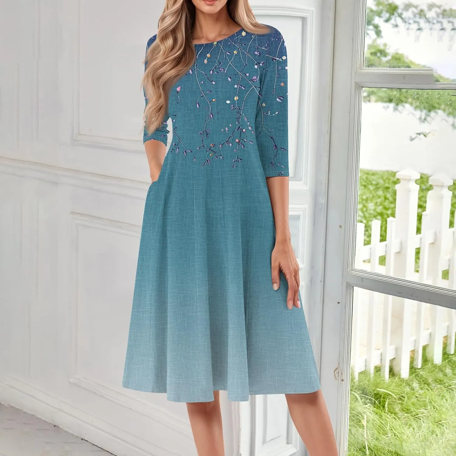 Boho Summer Dresses for Women 3/4 Sleeve Crewneck Floral Midi Dress Cute Spring Dresses A Line Wedding Guest Dress