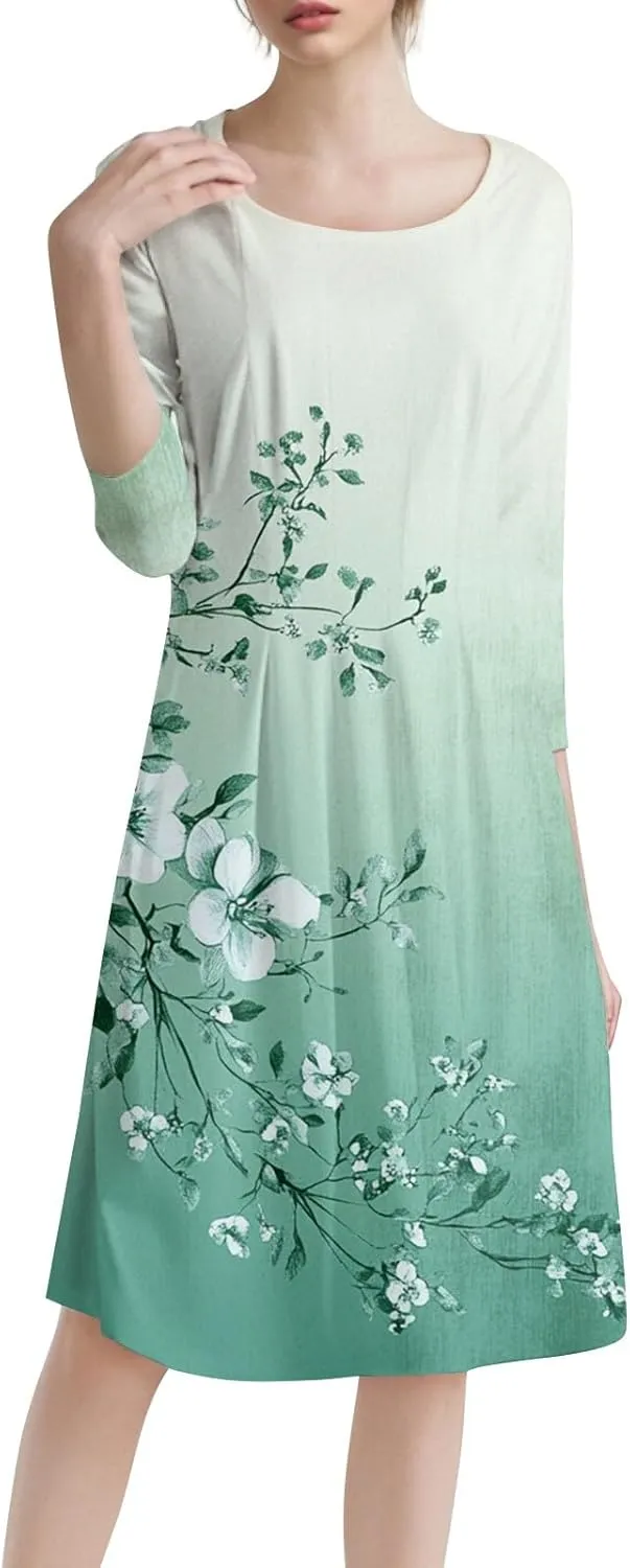Boho Summer Dresses for Women 3/4 Sleeve Crewneck Floral Midi Dress Cute Spring Dresses A Line Wedding Guest Dress