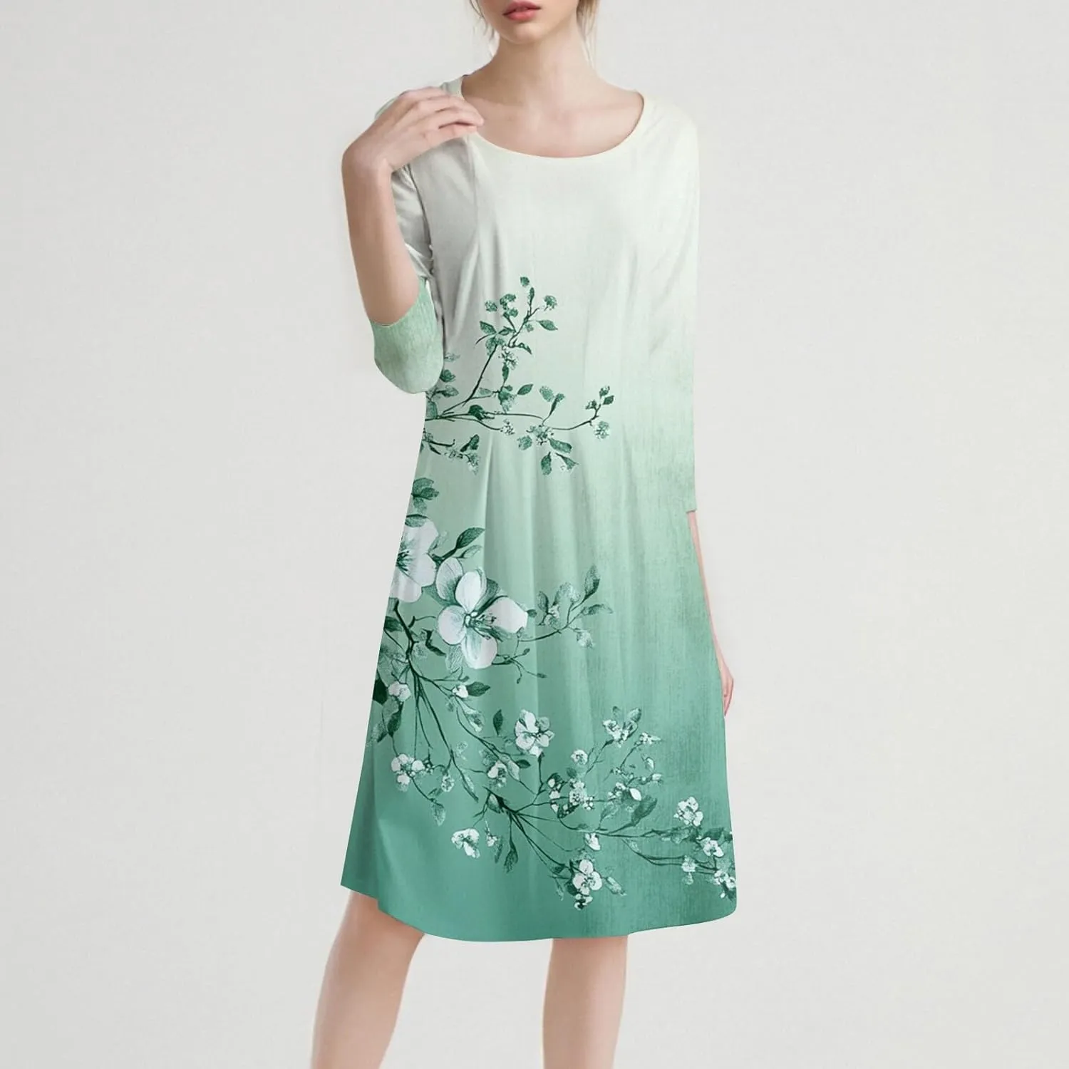 Boho Summer Dresses for Women 3/4 Sleeve Crewneck Floral Midi Dress Cute Spring Dresses A Line Wedding Guest Dress