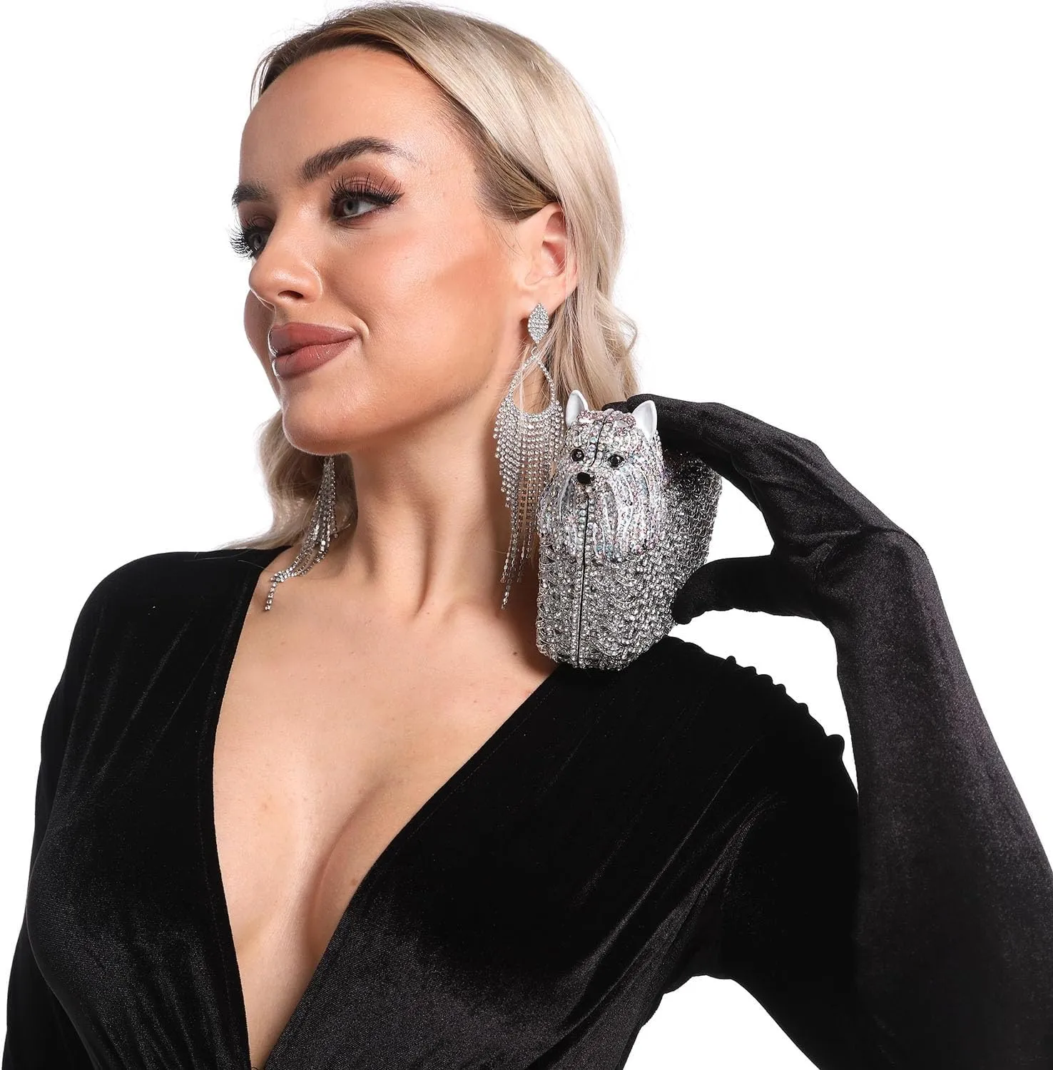 Boutique De FGG Puppy Evening Bags and Clutches for Women Formal Party Poodle Dog Crystal Clutch Purse Wedding Handbag