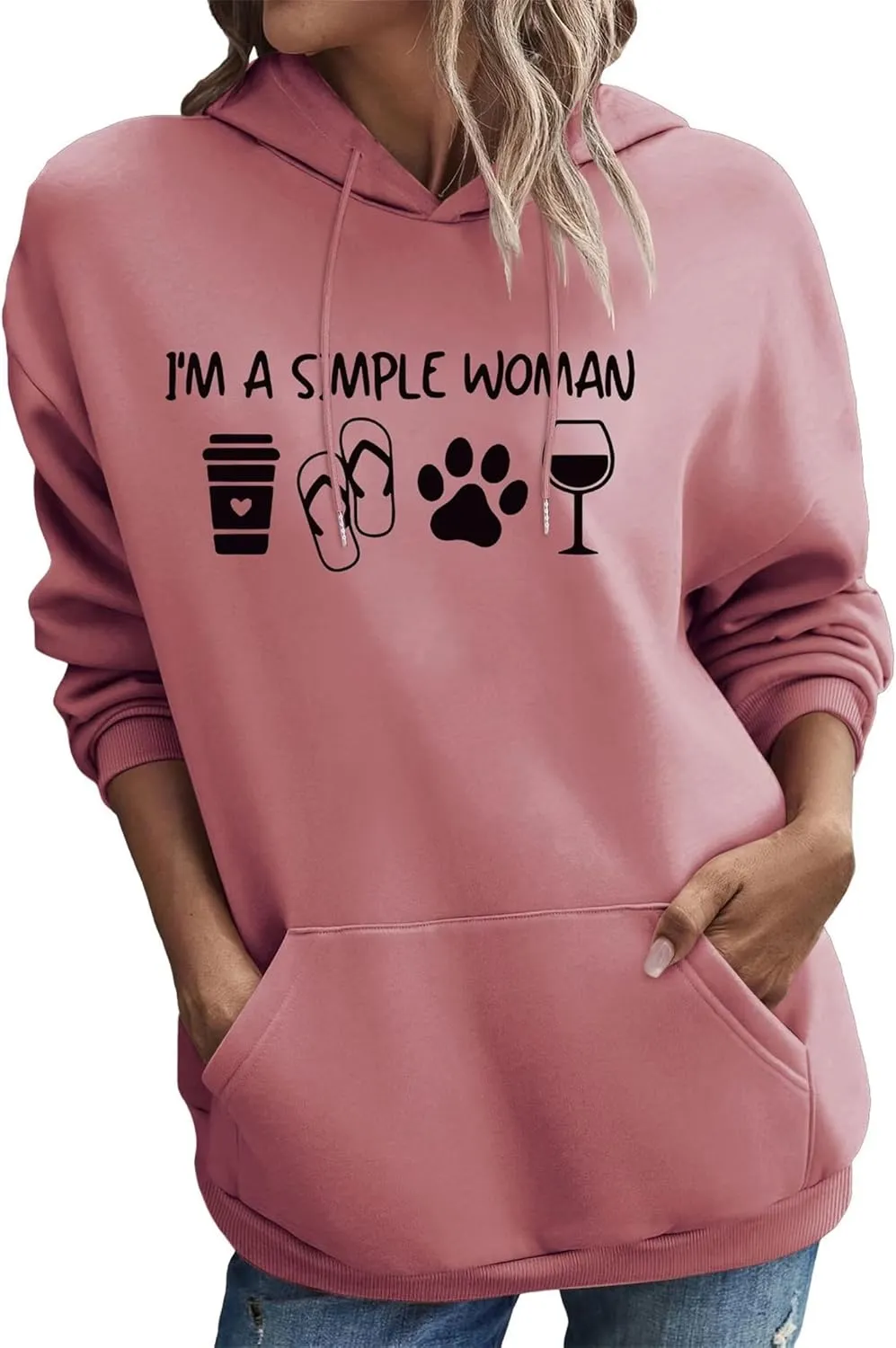 BOYRMSLGY Womens Casual Hoodies I'm A Simple Woman Shirts Coffee Dog Beach Wine Graphic Graphic Printed Drawstring Sweatshirt