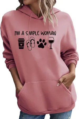 BOYRMSLGY Womens Casual Hoodies I'm A Simple Woman Shirts Coffee Dog Beach Wine Graphic Graphic Printed Drawstring Sweatshirt