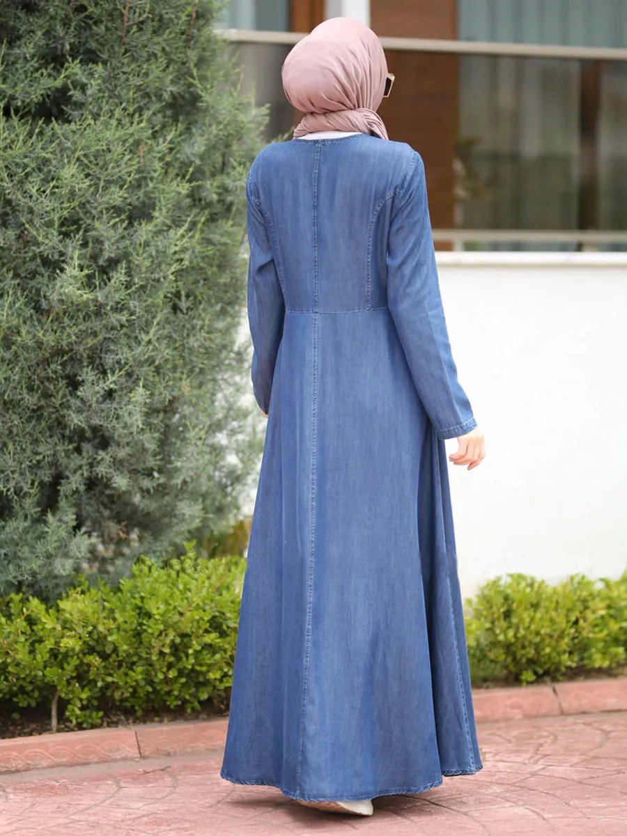 Button-panel washed denim dress