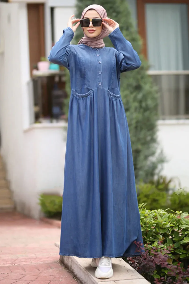 Button-panel washed denim dress