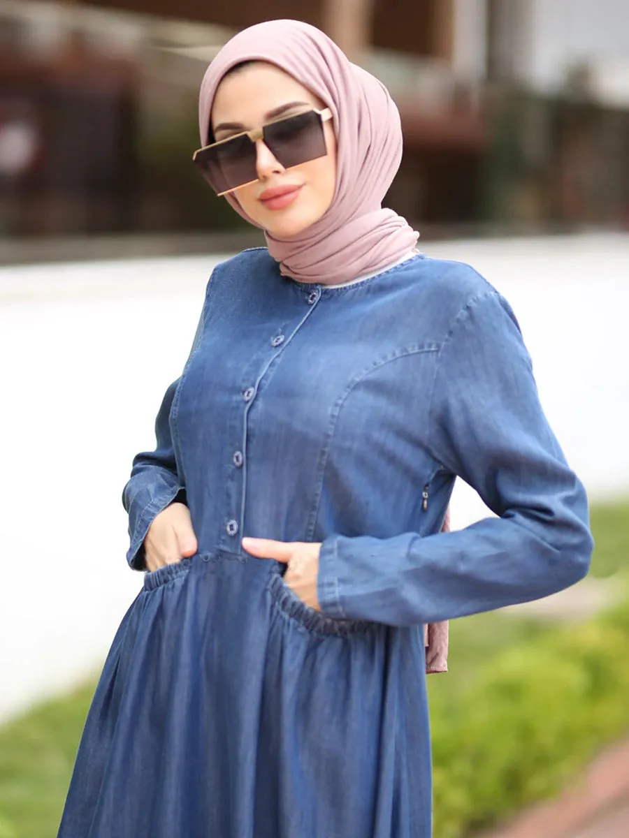 Button-panel washed denim dress