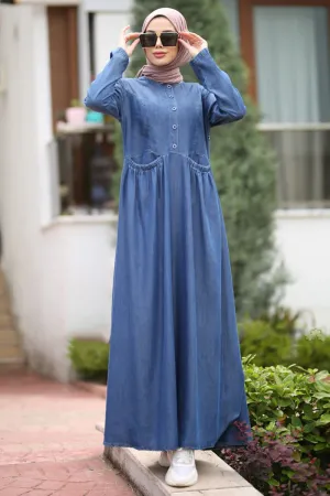 Button-panel washed denim dress