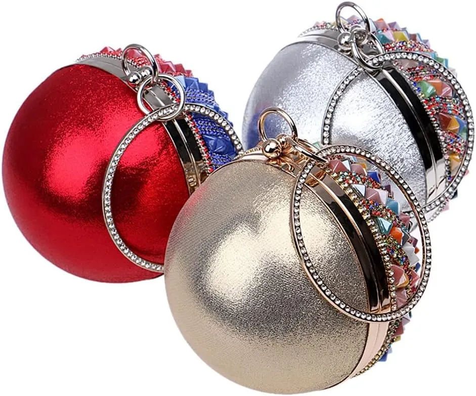 Ceramics Beaded Women Clutches Diamonds Rivet Fashion Round Lady Evening Bags Crystal Wedding Party Bridal Purse(D)