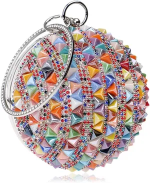 Ceramics Beaded Women Clutches Diamonds Rivet Fashion Round Lady Evening Bags Crystal Wedding Party Bridal Purse(D)