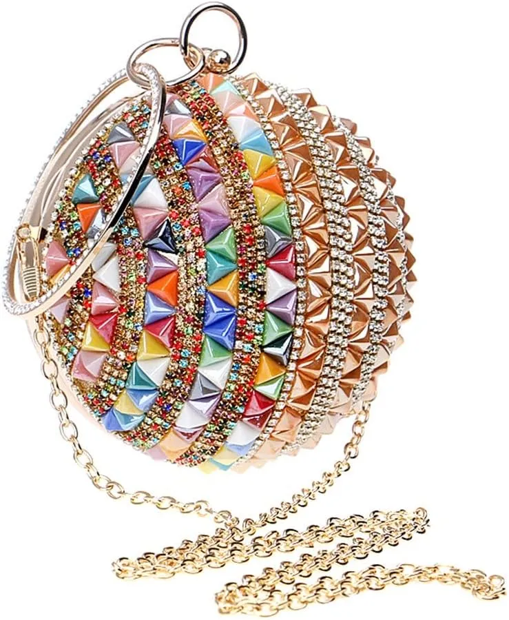 Ceramics Beaded Women Clutches Diamonds Rivet Fashion Round Lady Evening Bags Crystal Wedding Party Bridal Purse(D)