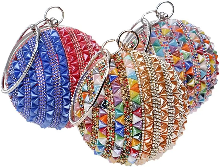 Ceramics Beaded Women Clutches Diamonds Rivet Fashion Round Lady Evening Bags Crystal Wedding Party Bridal Purse(D)