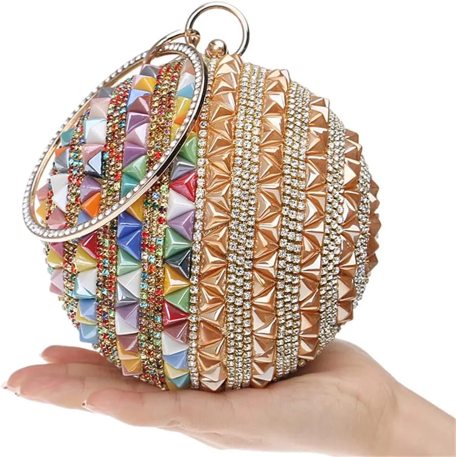 Ceramics Beaded Women Clutches Diamonds Rivet Fashion Round Lady Evening Bags Crystal Wedding Party Bridal Purse(D)
