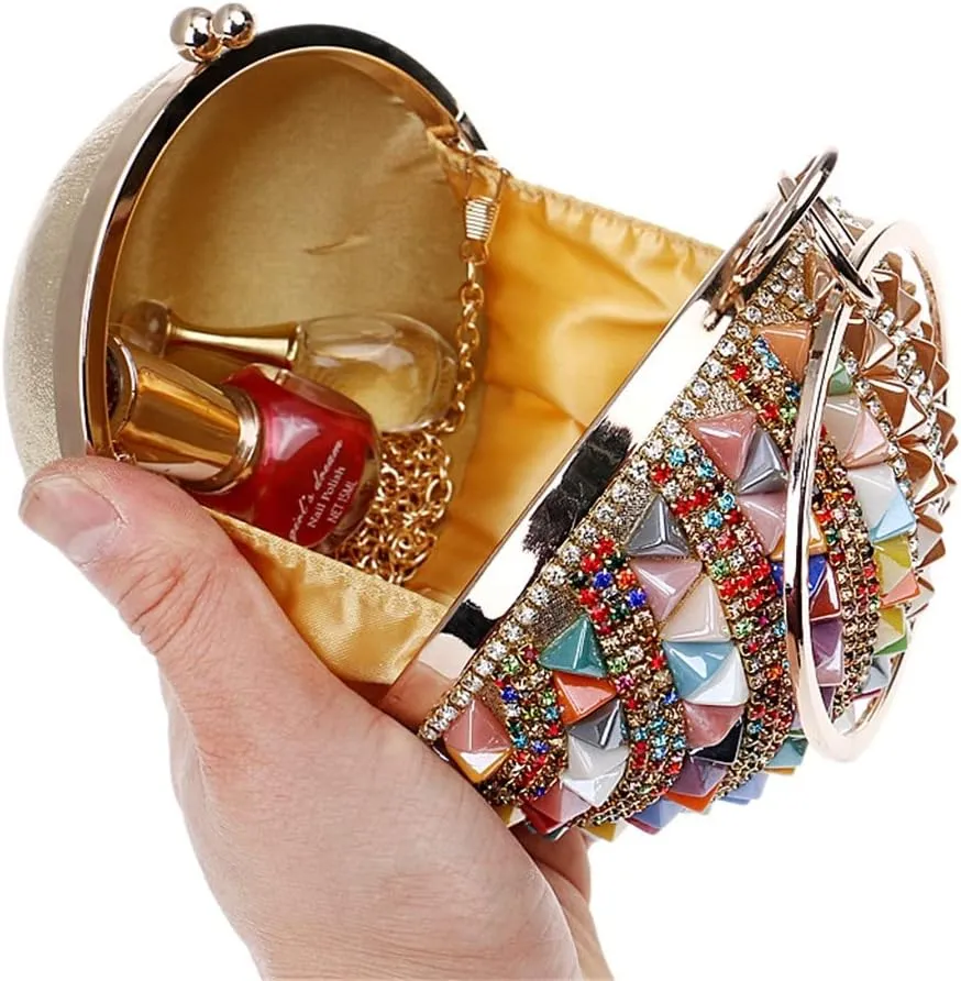 Ceramics Beaded Women Clutches Diamonds Rivet Fashion Round Lady Evening Bags Crystal Wedding Party Bridal Purse(D)