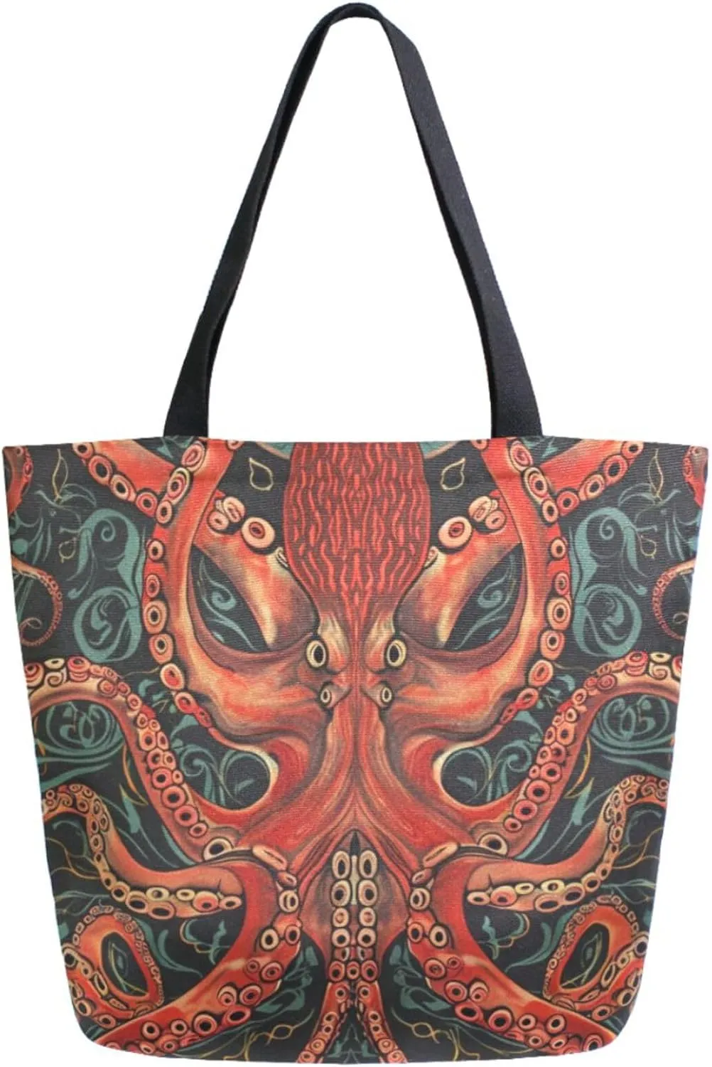 Chic Extra Large Shoulder Grocery Tote Bag, Cool Monster in Octopus Tentacle Canvas Daily Handle Bag for Gym Yoga Weekender Beach Travel Picnic Kitchen Reusable Market Shopping