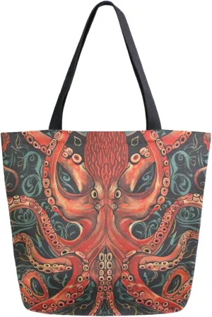Chic Extra Large Shoulder Grocery Tote Bag, Cool Monster in Octopus Tentacle Canvas Daily Handle Bag for Gym Yoga Weekender Beach Travel Picnic Kitchen Reusable Market Shopping