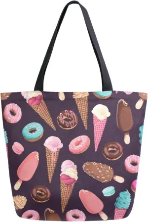 Chic Extra Large Shoulder Grocery Tote Bag, Delicious Chocolate Strawberry Ice-cream Canvas Daily Handle Bag for Gym Yoga Weekender Beach Travel Picnic Kitchen Reusable Market Shopping