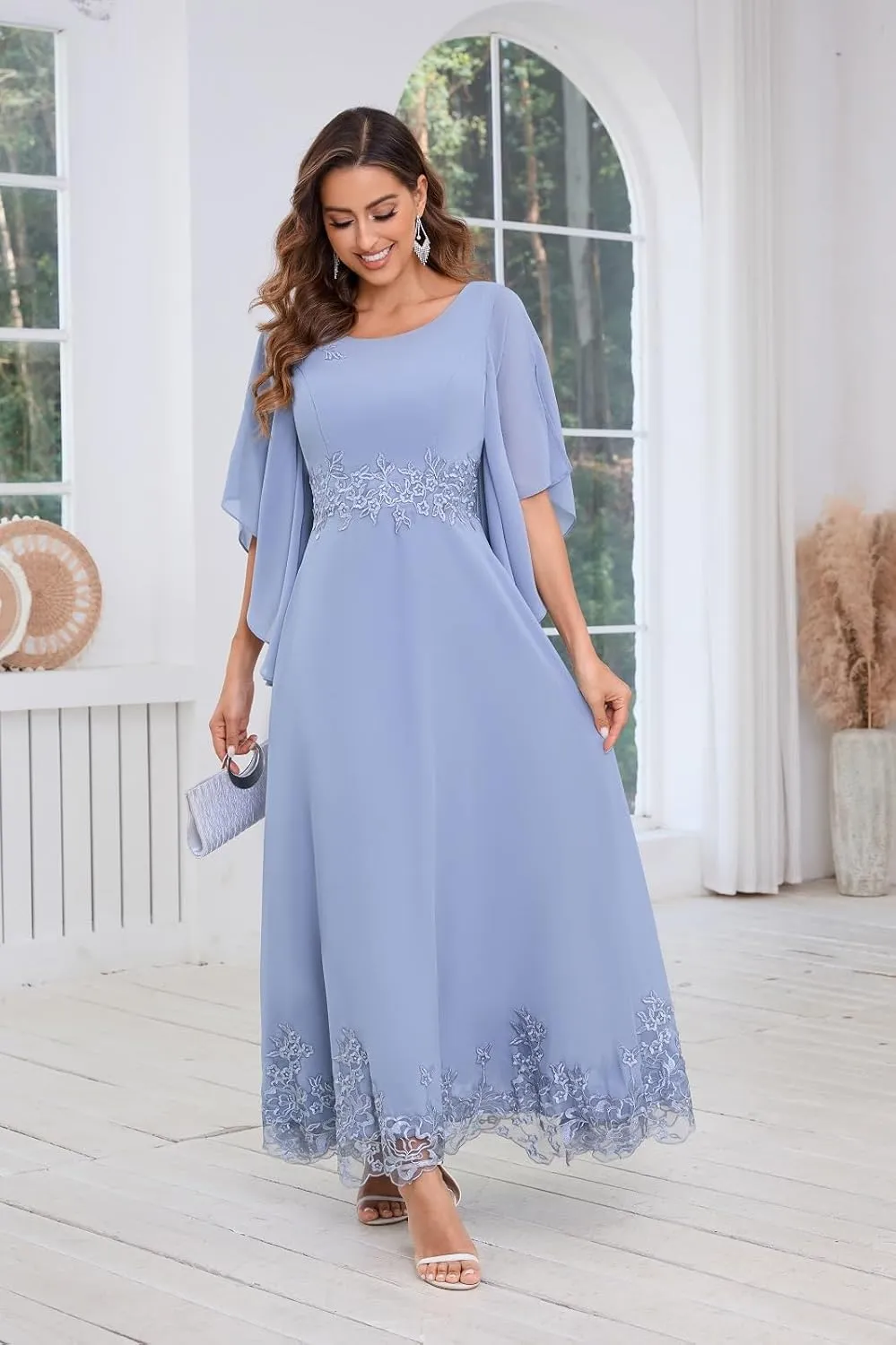Chiffon Mother of The Bride Dresses for Wedding Ankle Length Applique Flutter Sleeve Evening Dresses for Women
