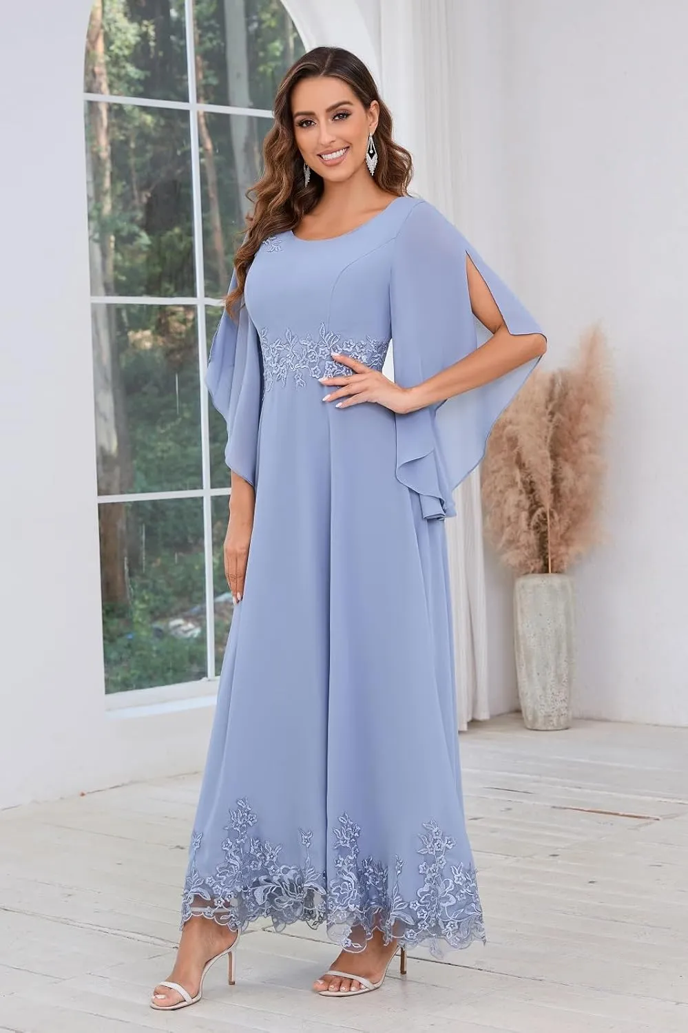 Chiffon Mother of The Bride Dresses for Wedding Ankle Length Applique Flutter Sleeve Evening Dresses for Women