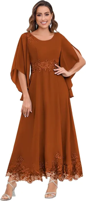 Chiffon Mother of The Bride Dresses for Wedding Ankle Length Applique Flutter Sleeve Evening Dresses for Women