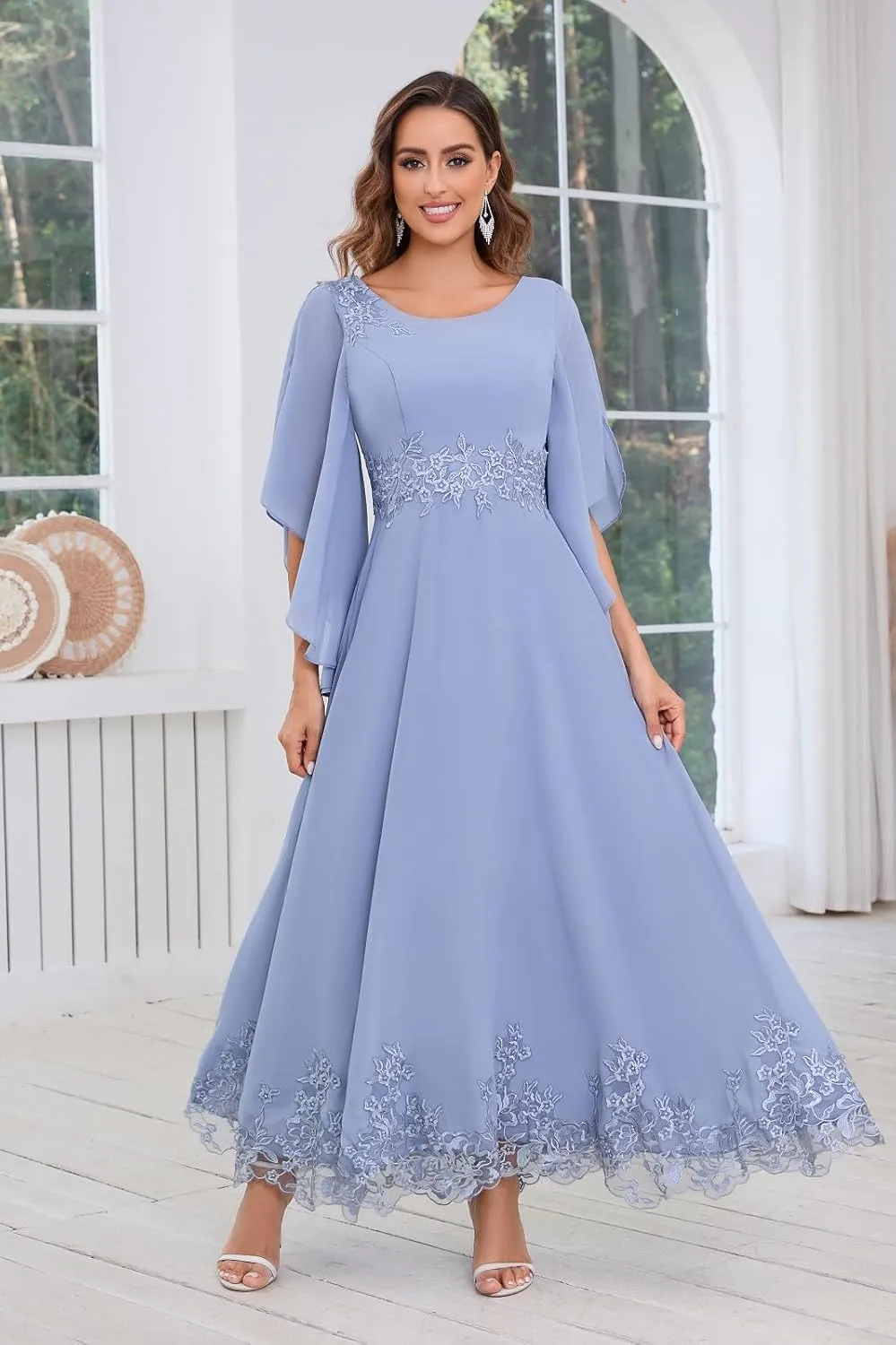 Chiffon Mother of The Bride Dresses for Wedding Ankle Length Applique Flutter Sleeve Evening Dresses for Women