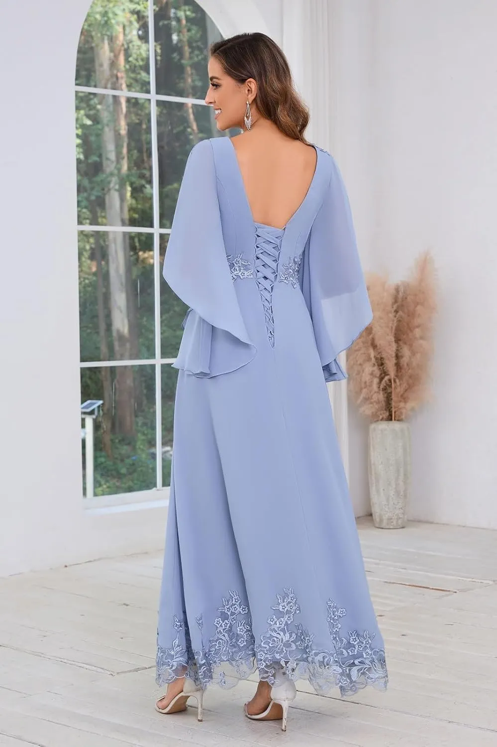 Chiffon Mother of The Bride Dresses for Wedding Ankle Length Applique Flutter Sleeve Evening Dresses for Women