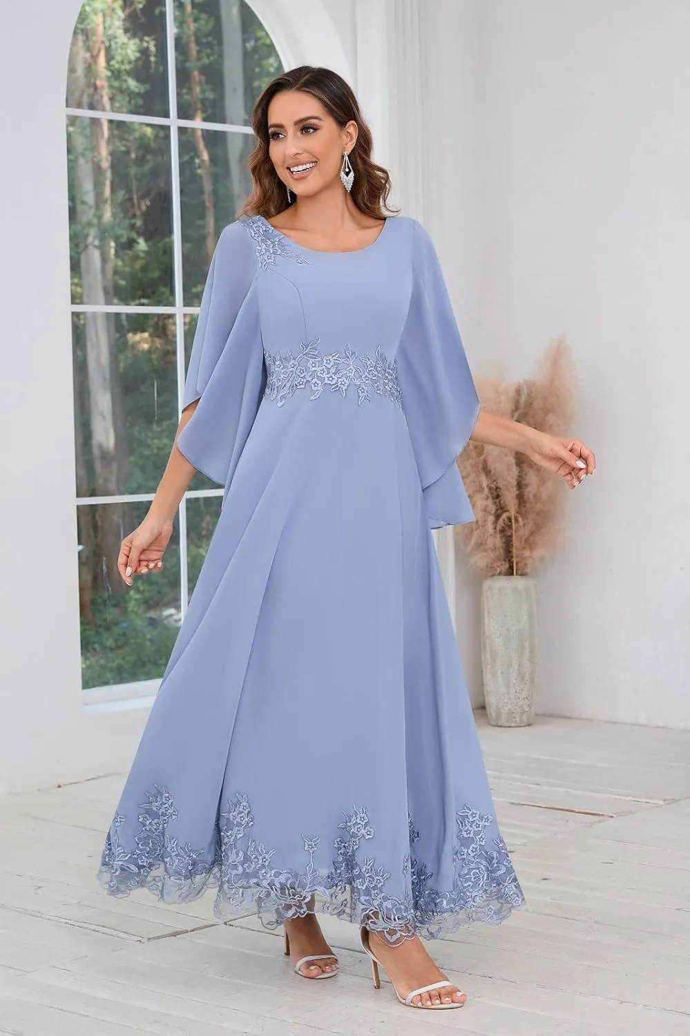 Chiffon Mother of The Bride Dresses for Wedding Ankle Length Applique Flutter Sleeve Evening Dresses for Women