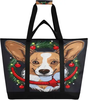 Christmas Dog Tote Bag for Women with Zipper Reusable Grocery Bags Foldable Insulated Cooler Bag Shopping Bags Handbags Totes for Groceries Picnic Beach Travel Work