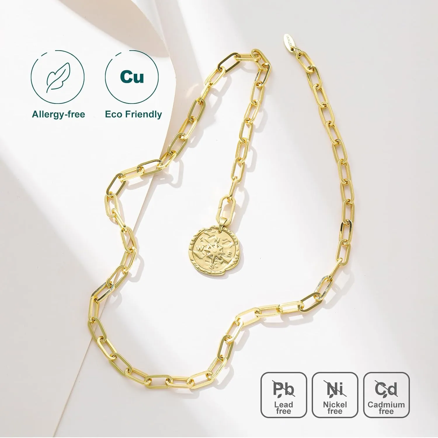 Chunky Layered Gold Necklace For Women Paperclip Link Chain Statement Compass Coin Charm Beach Stackable Necklace Non Tarnish Dainty 14k Gold Plated Medallion Pendant Trendy Fashion Jewelry