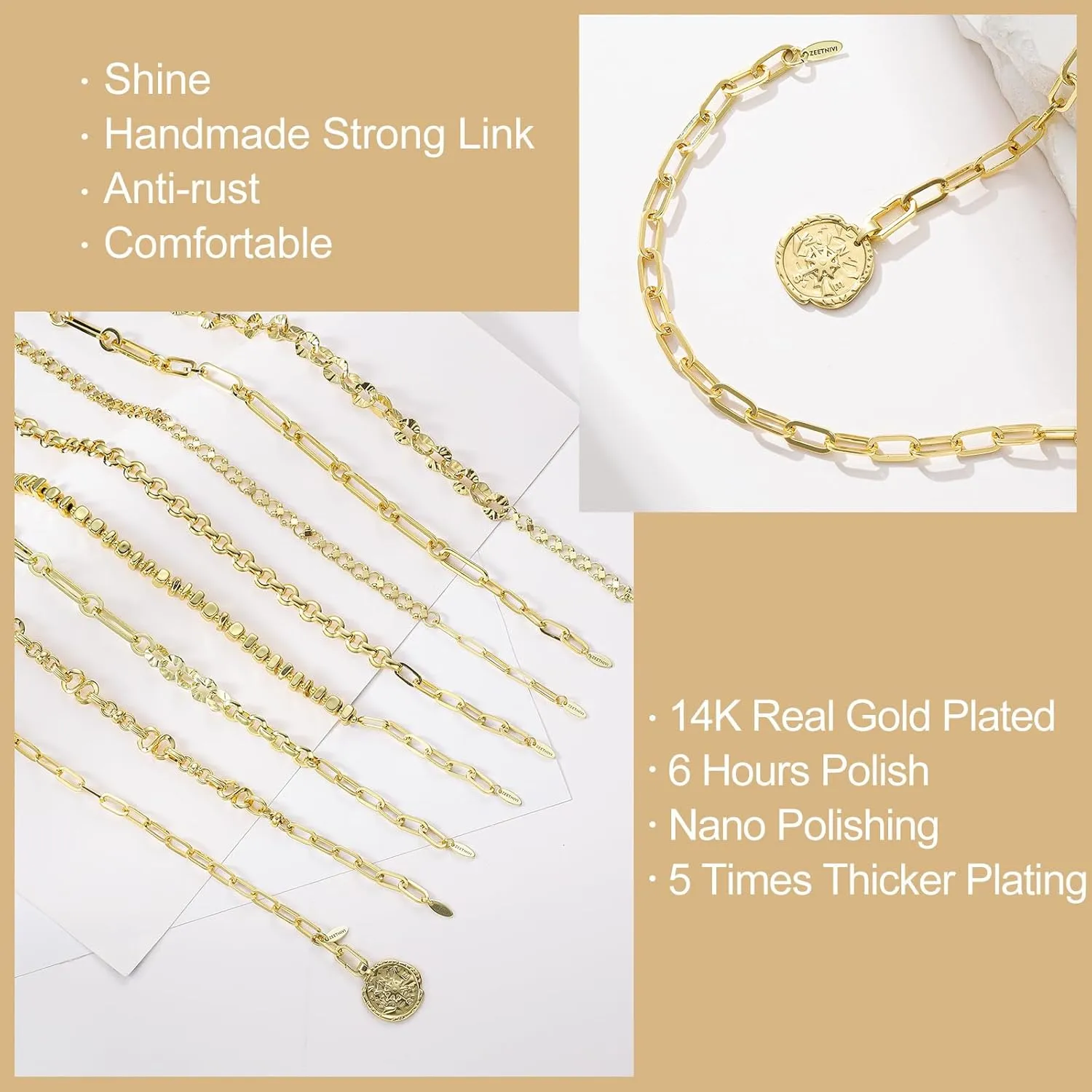 Chunky Layered Gold Necklace For Women Paperclip Link Chain Statement Compass Coin Charm Beach Stackable Necklace Non Tarnish Dainty 14k Gold Plated Medallion Pendant Trendy Fashion Jewelry