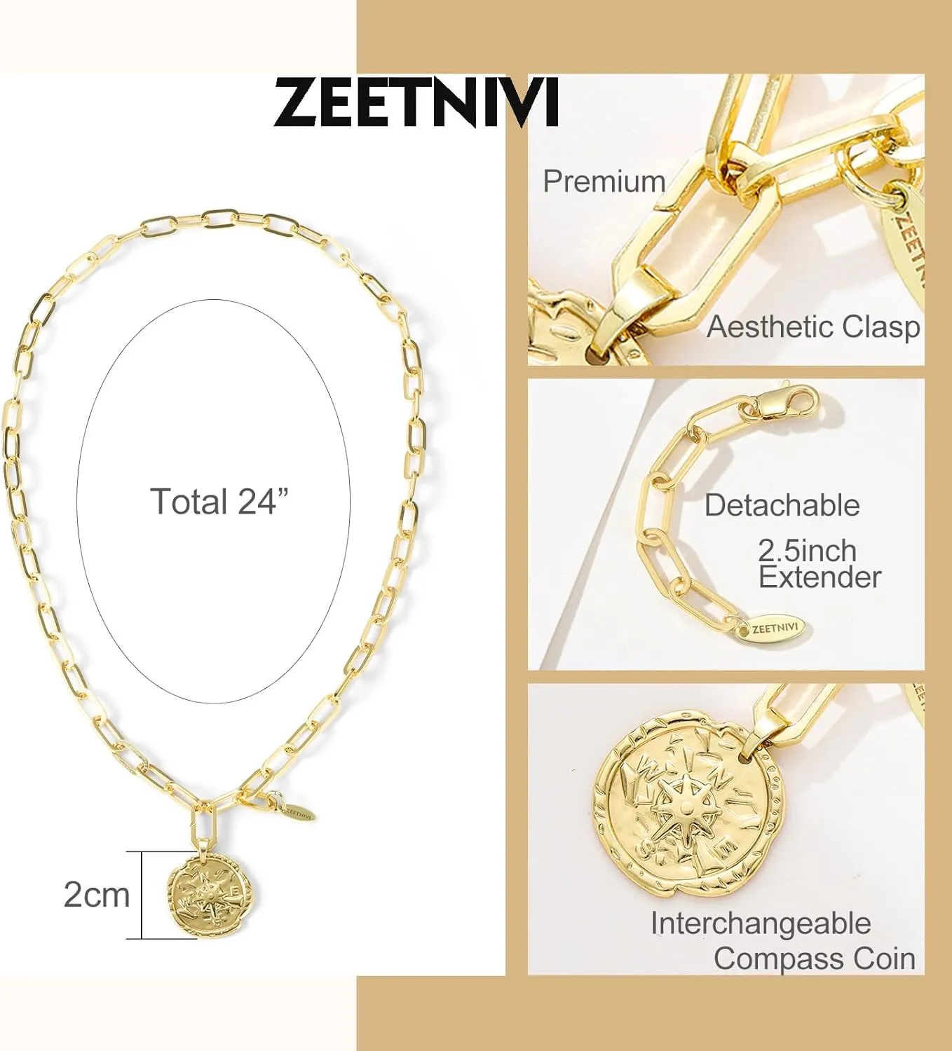 Chunky Layered Gold Necklace For Women Paperclip Link Chain Statement Compass Coin Charm Beach Stackable Necklace Non Tarnish Dainty 14k Gold Plated Medallion Pendant Trendy Fashion Jewelry