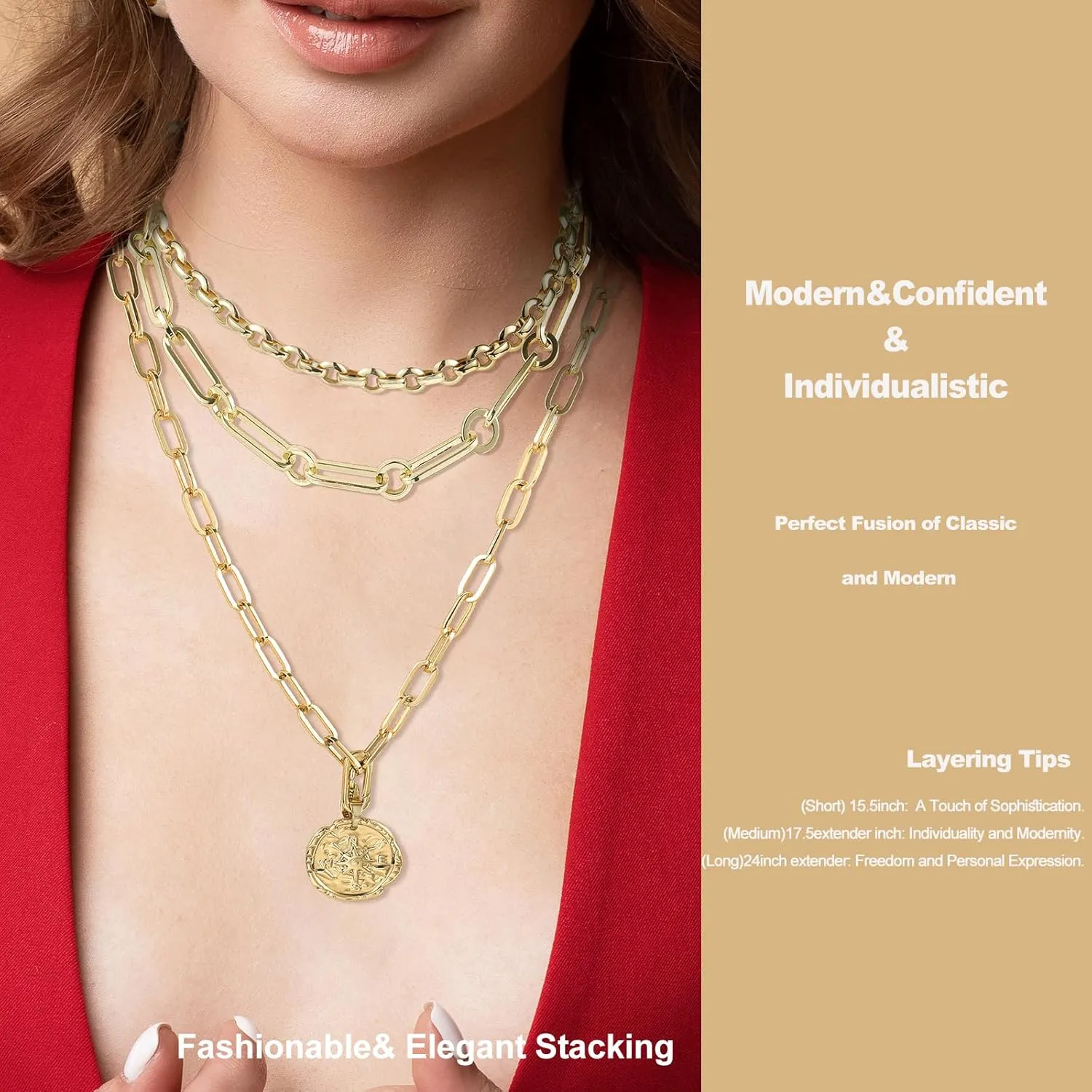 Chunky Layered Gold Necklace For Women Paperclip Link Chain Statement Compass Coin Charm Beach Stackable Necklace Non Tarnish Dainty 14k Gold Plated Medallion Pendant Trendy Fashion Jewelry