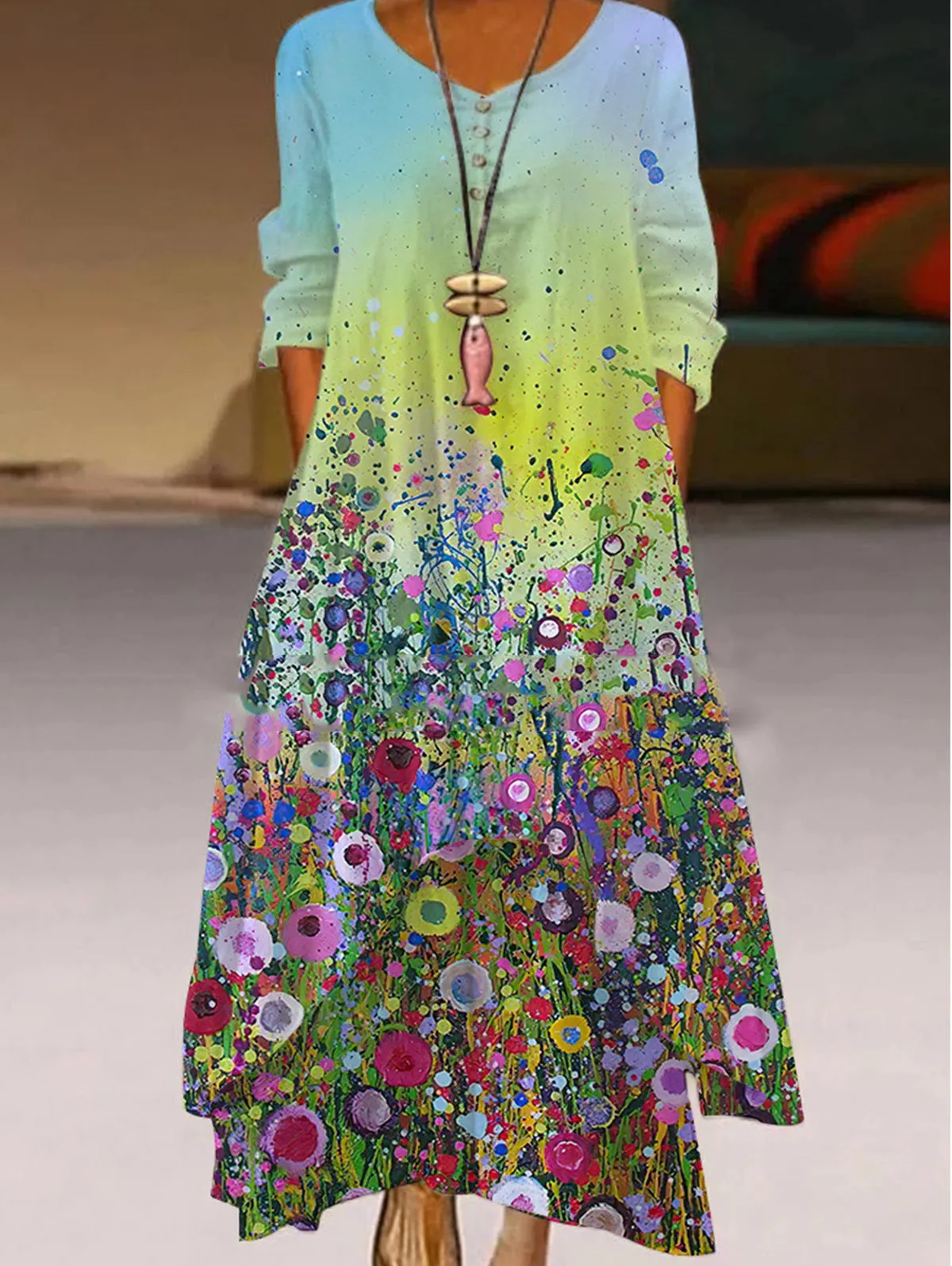 Color Oil Painting Two Layer Hem Dress