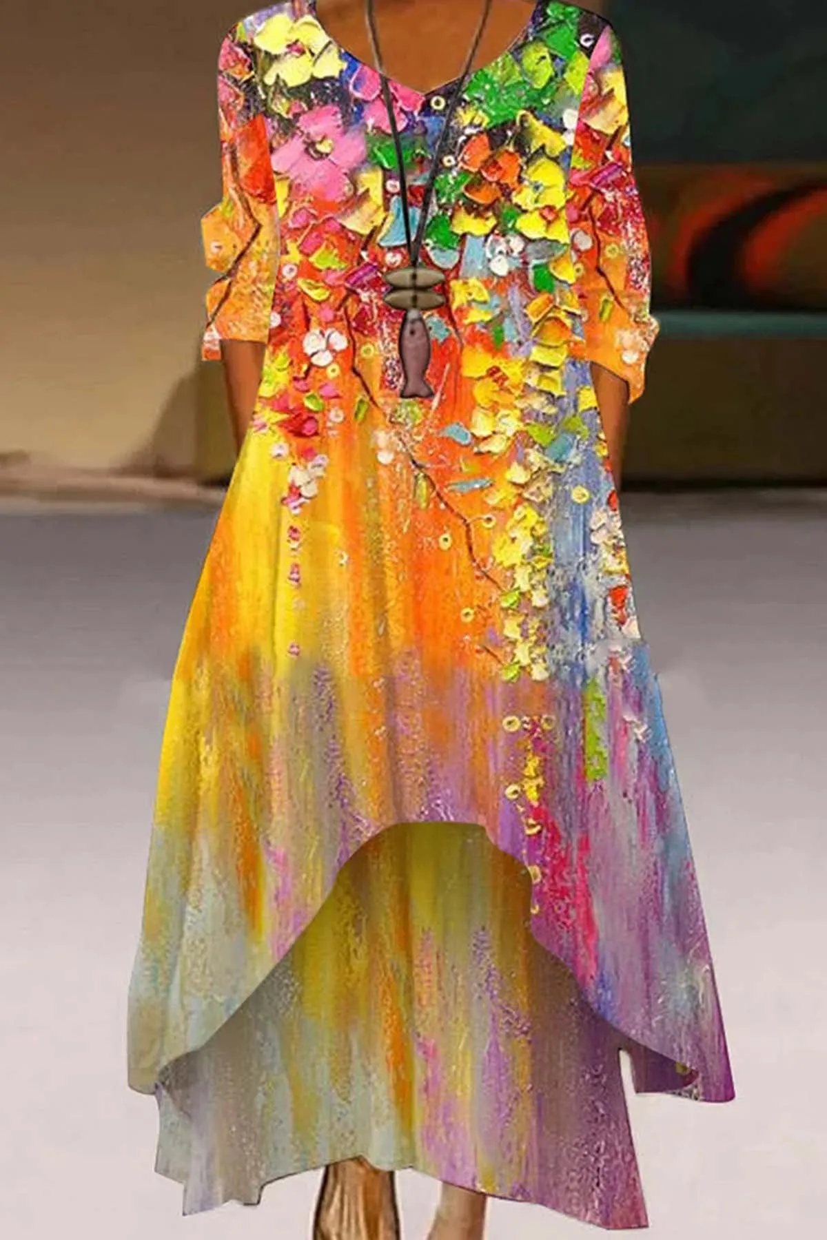 Color Oil Painting Two Layer Hem Dress