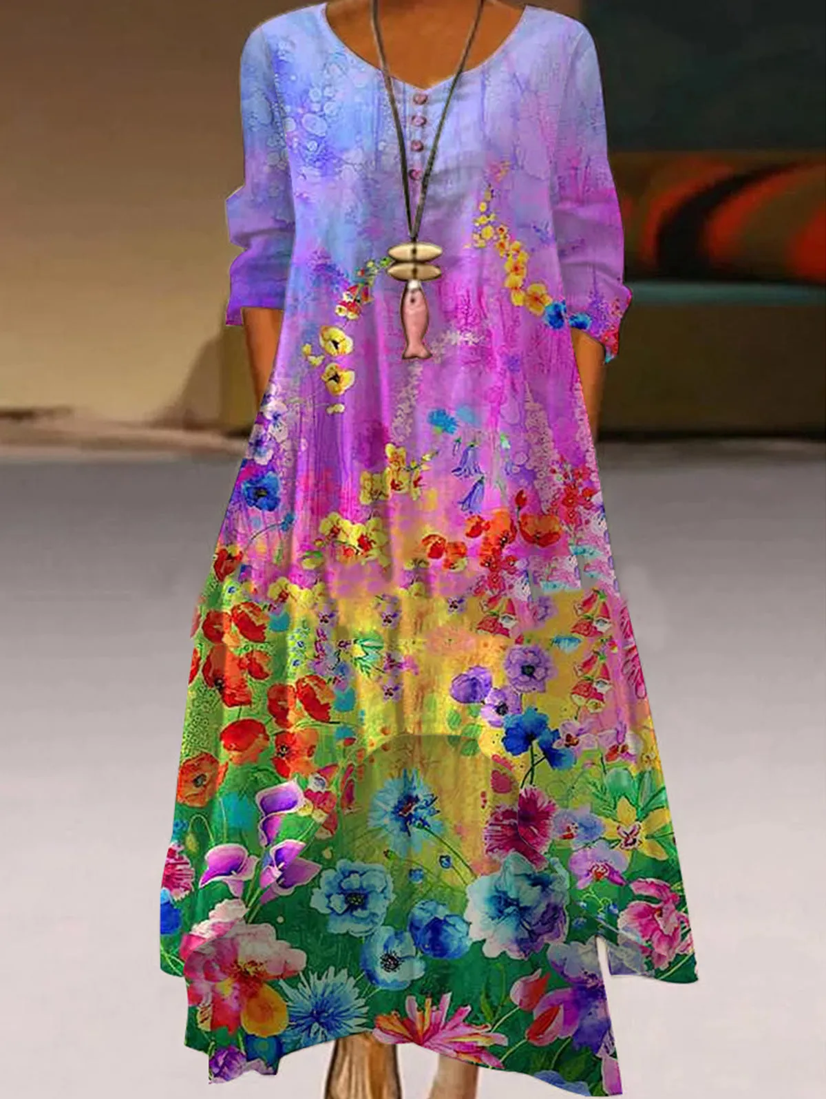 Color Oil Painting Two Layer Hem Dress