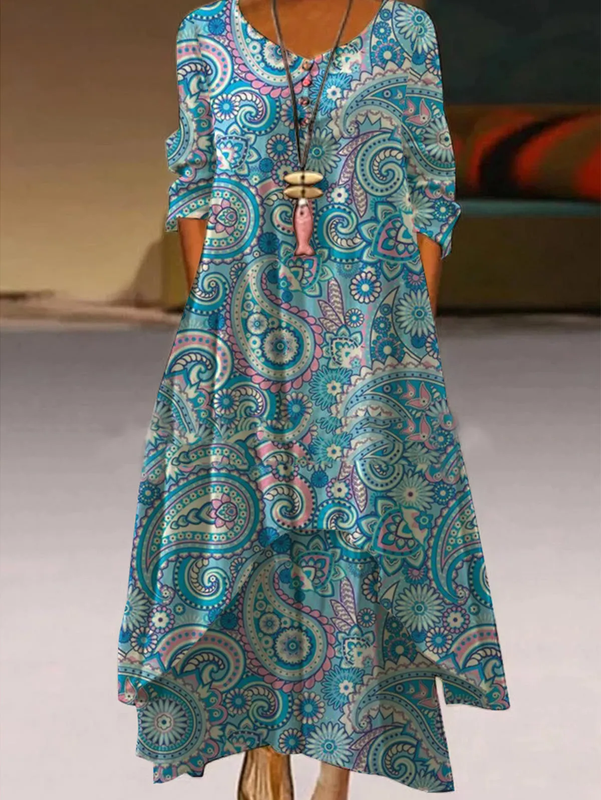 Color Oil Painting Two Layer Hem Dress