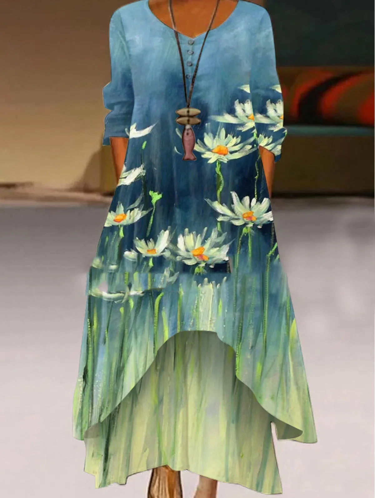 Color Oil Painting Two Layer Hem Dress