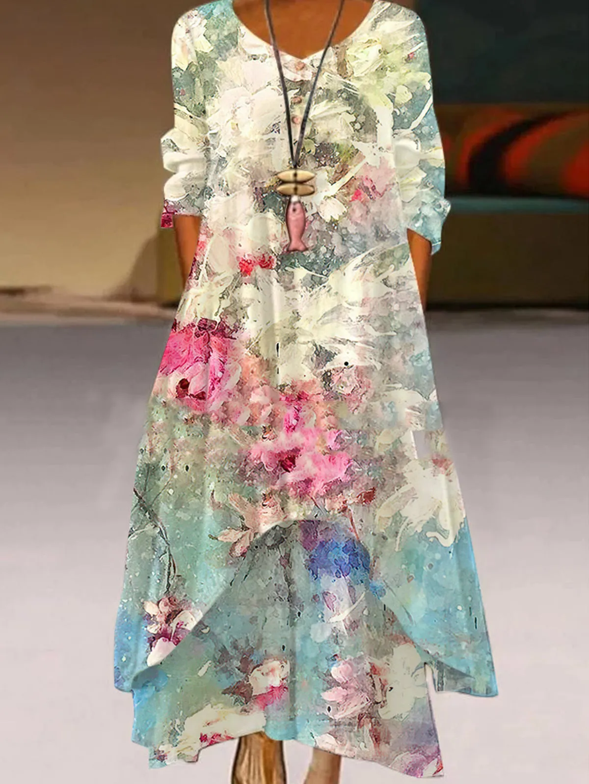 Color Oil Painting Two Layer Hem Dress