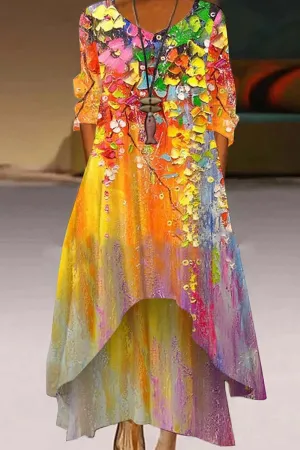 Color Oil Painting Two Layer Hem Dress