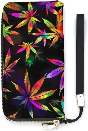 Colorful Rainbow Weed Leaves Plant Coin Purse PU Leather Change Purse Wristlet Credit Card Holder Wallet for Women