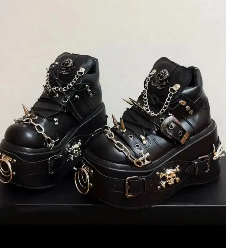 Cool Punk Dark Lady High Thick Wedges