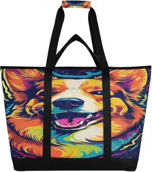 Corgi Dog Tote Bag for Women with Zipper Reusable Grocery Bags Foldable Insulated Cooler Bag Handbags Shopping Bags Totes for Groceries Beach Picnic Travel Work
