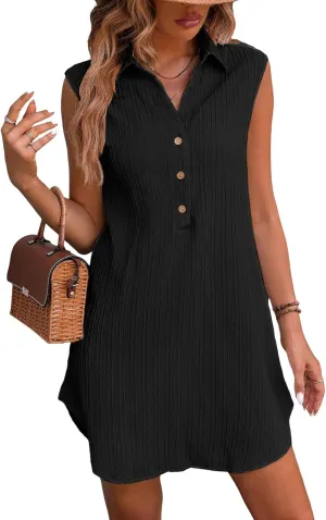 CUPSHE Women Collared V Neck Mini Summer Dress Sleeveless Front Buttons A Line Curved Hem Casual Spring Beach Dresses
