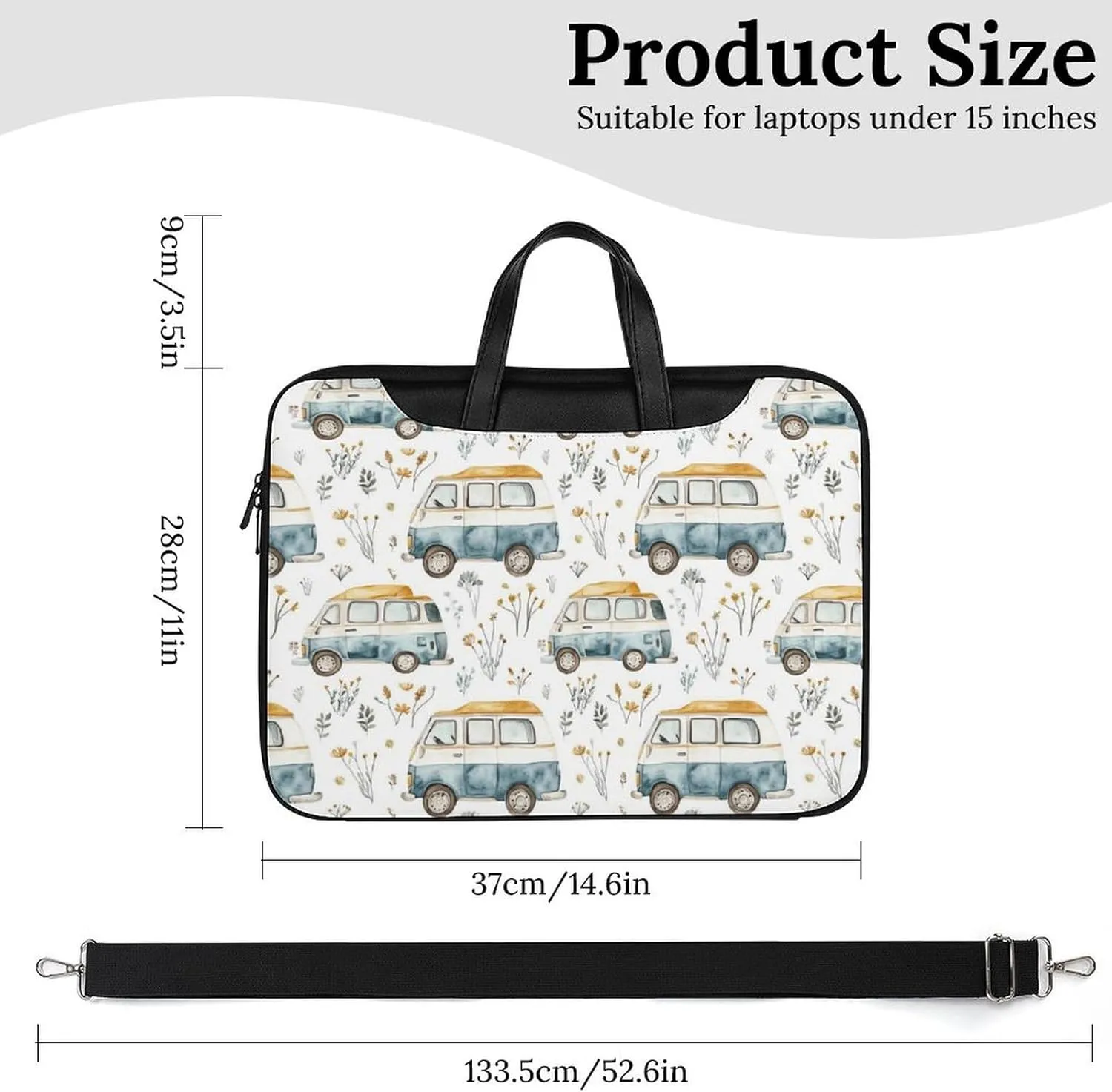 Cute Campervan RV Vehicle Leather Bag Laptop Case Slim Water Resistant Computer Bags with Handle Briefcase for Work