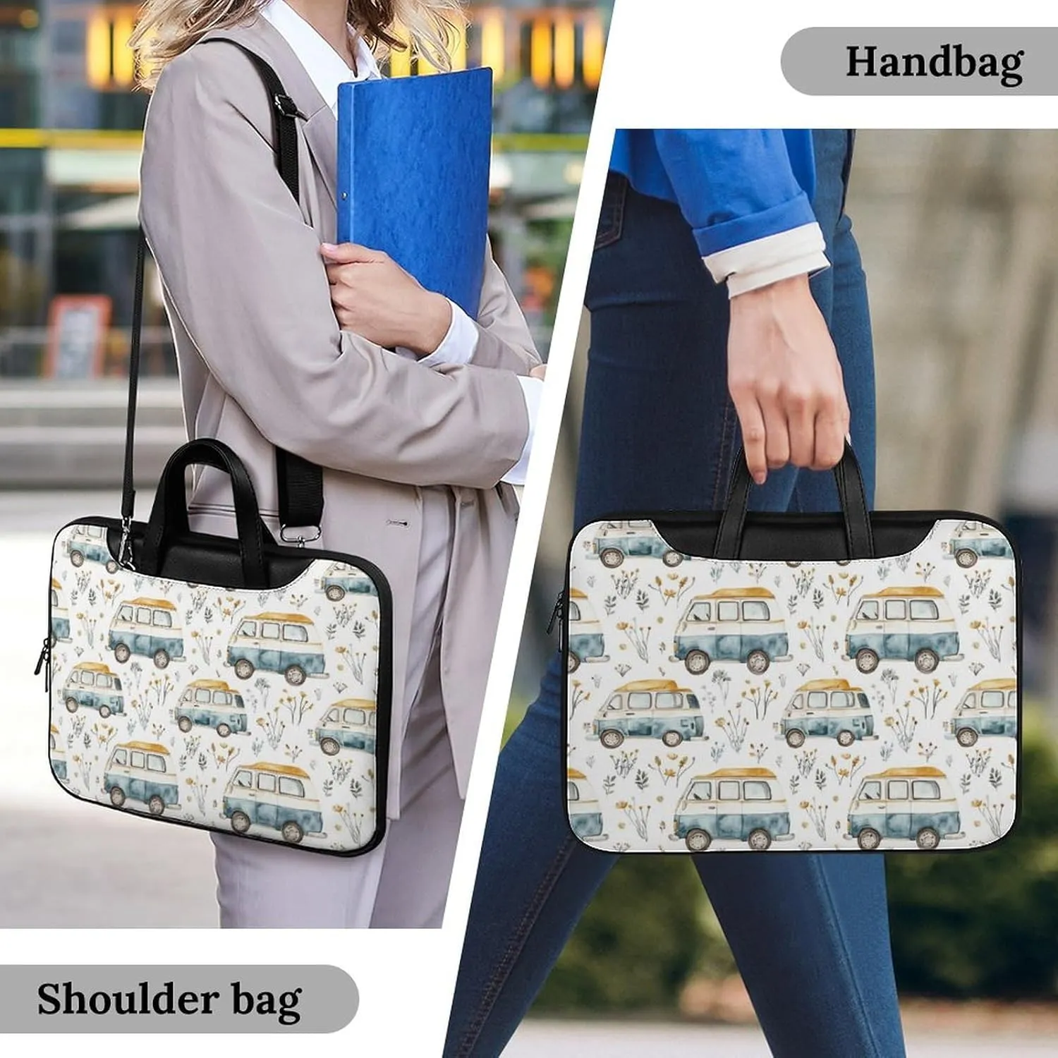 Cute Campervan RV Vehicle Leather Bag Laptop Case Slim Water Resistant Computer Bags with Handle Briefcase for Work