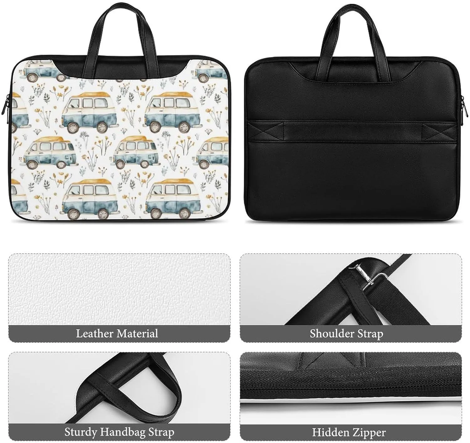 Cute Campervan RV Vehicle Leather Bag Laptop Case Slim Water Resistant Computer Bags with Handle Briefcase for Work