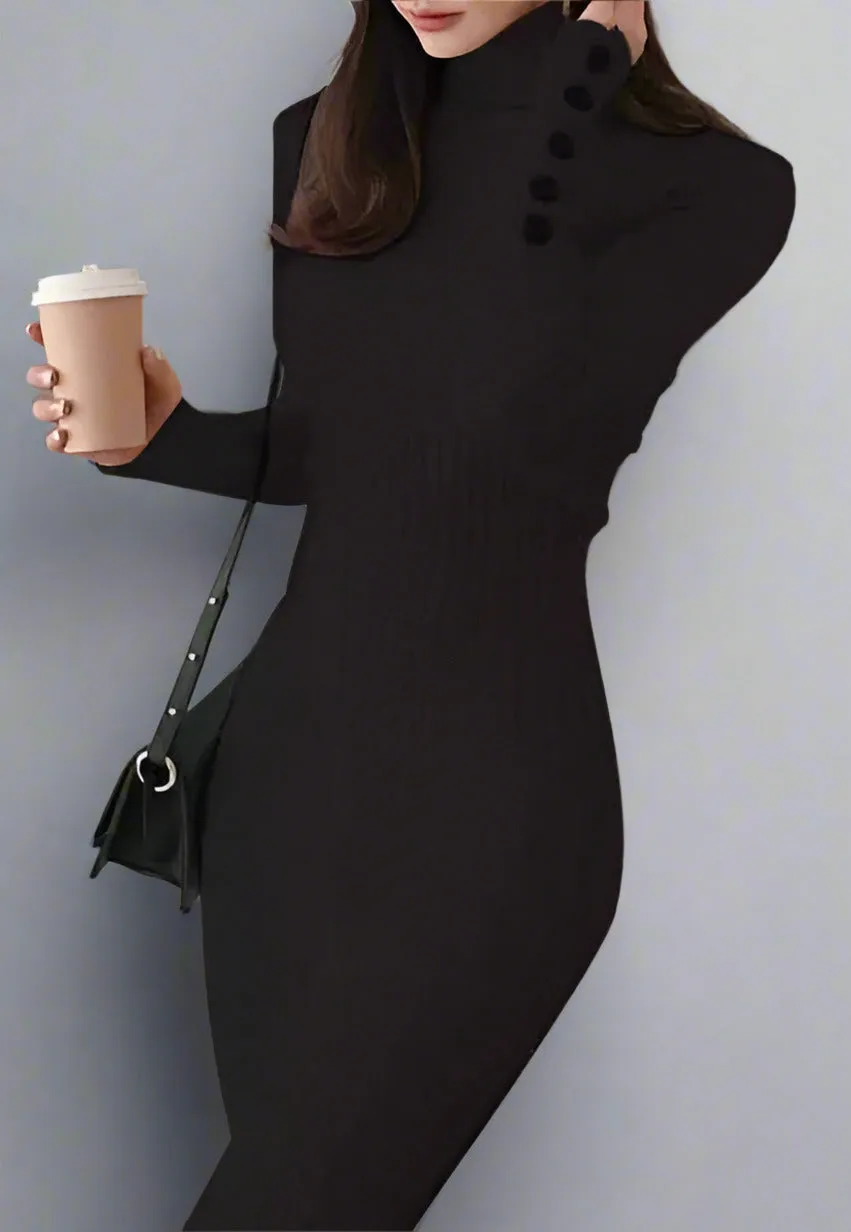 DINA BLACK KNITTED HIGH NECK MIDI DRESS