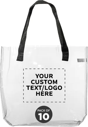 DISCOUNT PROMOS Custom Savanna Clear Plastic Tote Bags Set of 10, Personalized Bulk Pack - Perfect for Employees, Students, And For Everyday Use - Clear