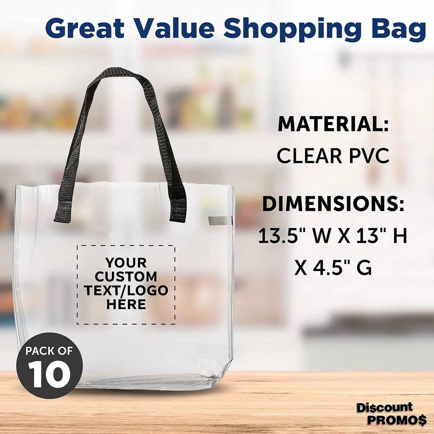 DISCOUNT PROMOS Custom Savanna Clear Plastic Tote Bags Set of 10, Personalized Bulk Pack - Perfect for Employees, Students, And For Everyday Use - Clear