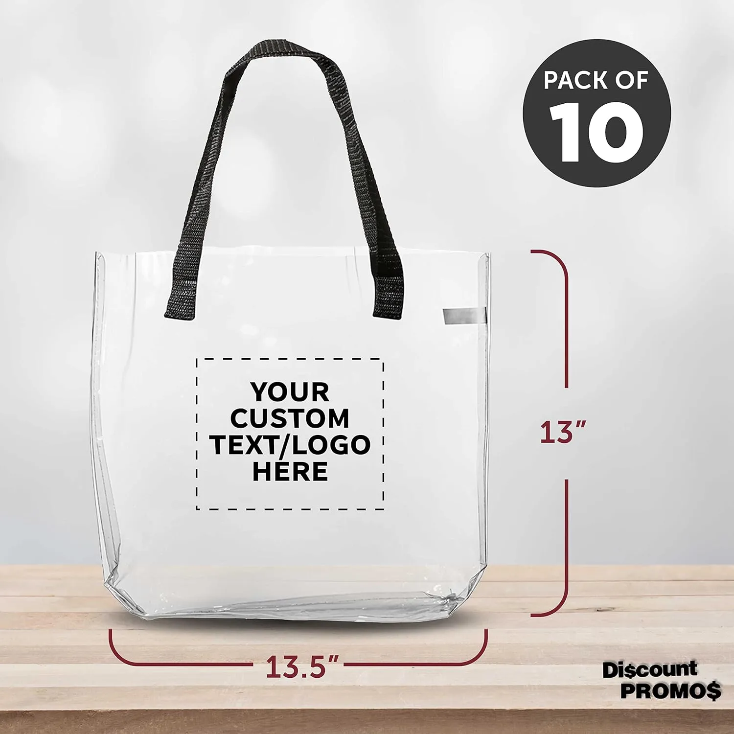 DISCOUNT PROMOS Custom Savanna Clear Plastic Tote Bags Set of 10, Personalized Bulk Pack - Perfect for Employees, Students, And For Everyday Use - Clear